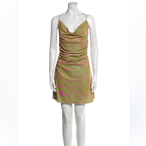 Maisie Wilen Printed Green Pink Stretch Mesh Mini Dress Size Small - Picture 2 of 8